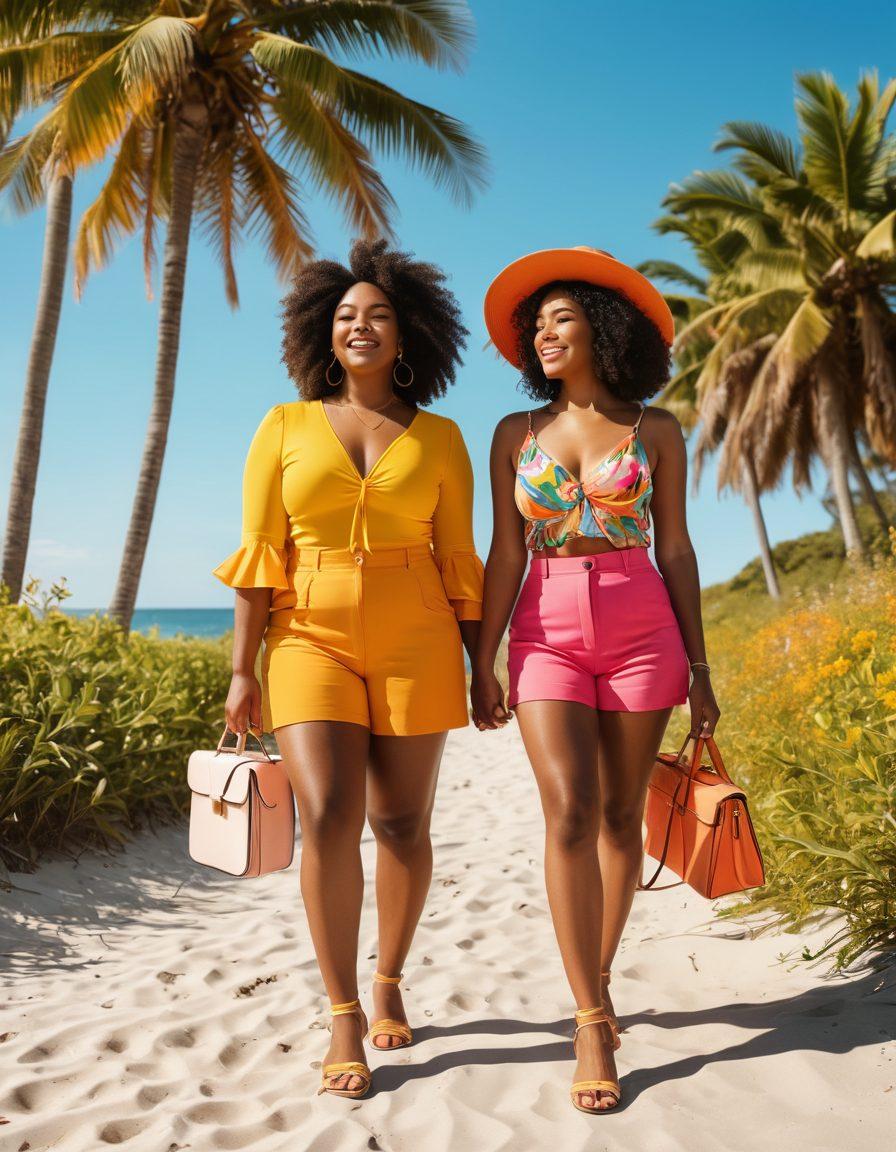 A vibrant summer landscape featuring diverse individuals of various body types, adorned in colorful and trendy summer outfits, joyfully celebrating body positivity. In the background, a sunlit beach scene reflects growth and confidence, with elements symbolizing professional success like stylish briefcases and laptops. The scene captures the essence of summer warmth and positivity, illustrating a journey from melancholy to empowerment. bright colors. vibrant summer aesthetics. whimsical style.