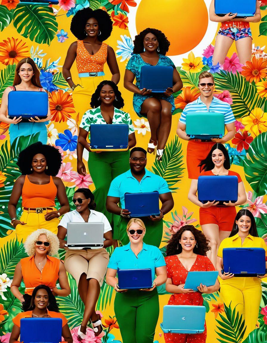 A vibrant summer scene featuring diverse individuals of various body types joyfully wearing colorful summer fashion, surrounded by sun-soaked beaches and blooming flowers. In the background, hints of career symbols like laptops and briefcases blend seamlessly into the landscape, showcasing the connection between self-expression and professional growth. Emphasize a sense of empowerment and positivity, with bright colors and dynamic movement. super-realistic. vibrant colors. 3D.